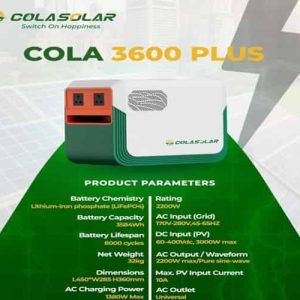 Cola Solar 3600kWh Generator – Reliable Backup Power Never worry about blackouts again! The Cola Solar 3600kWh Generator provides stable, quiet, and fuel-free energy for your home or office. Powers LED TVs, fans, lights, laptops, routers, small refrigerators, and more. Easy to install, portable, and eco-friendly. Perfect for homes, shops, offices, and outdoor use.
